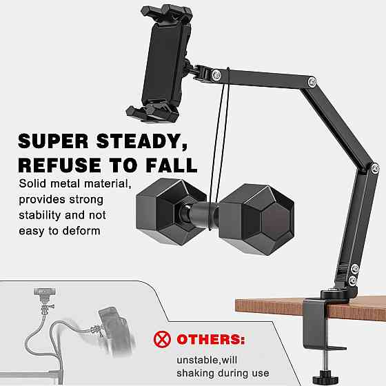 Тримач для планшета на стіл і ліжко 360° регульований для 4.7–13.5" алюмінієвий чорний Київ