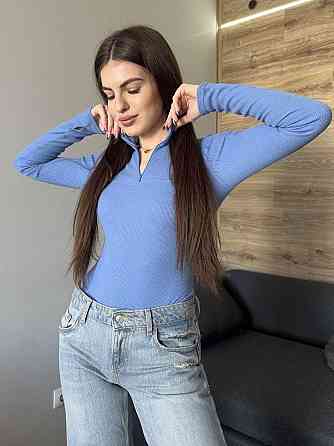 Жіночий утеплений базовий боді з блискавкою турецький рубчик-мустанг на флісі. Блакитний, 42 Одеса