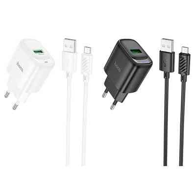 Мережевий зарядний пристрій Hoco C140A Smart single port QC3.0 charger set(Micro)(EU) Black (6942007627801) Київ