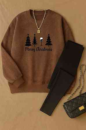 Жіночий теплий костюм-двійка з новорічним принтом двосторонній фліс + дайвінг на флісі Моко, 46/48 Одеса