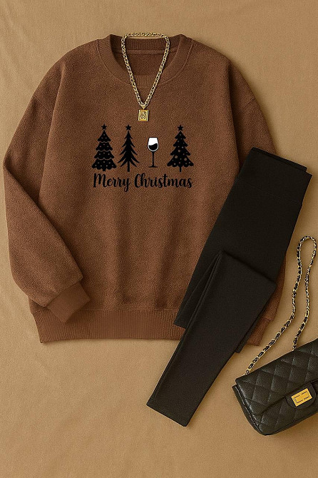 Жіночий теплий костюм-двійка з новорічним принтом двосторонній фліс + дайвінг на флісі Моко, 46/48 Одеса - фото 1