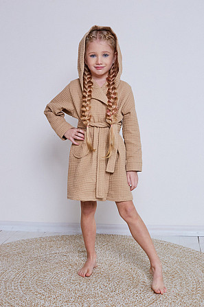 Халат детский вафельный Ideal Textile с капюшоном бежевый (56860655) 9 р. (130-136 см) Черновцы - изображение 1