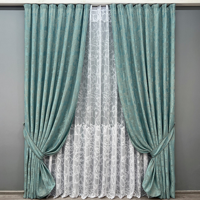 Комплект штор VR-Textil Жаккард Мрамор 150х270 2шт и Тюль 400х270 1292ш-1529т Бирюзовый с белым 71-185/3 Киев - изображение 1