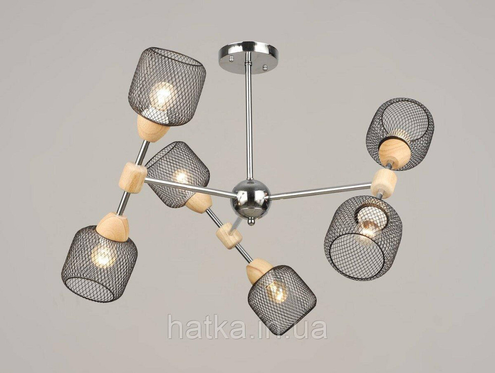 Люстра стельова на 6 плафонів VALESO K2347/6, патрон E27, підвісна, Хром+Дерево K2347/6 Київ - фото 1