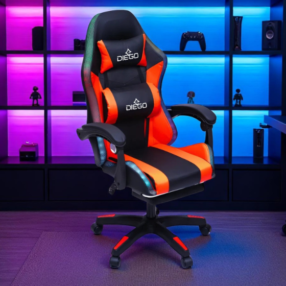 Игровое кресло DIEGO с подставкой для ног, массажем и LED-подсветкой – Черно-красное, выдерживает до 150 кг Львов