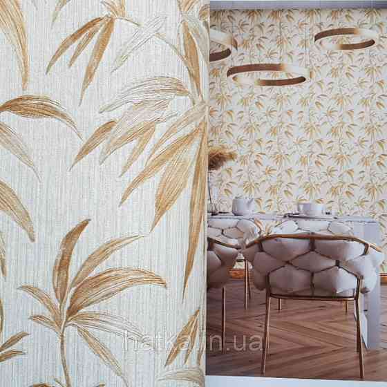 Шпалери вінілові на паперовій основі Zambaiti C88143 ABITAT бамбук листя з золотом на молочному тлі Київ