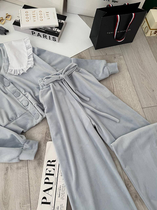 Женский плюшевый костюм двойка: кофта с воротником и штаны велюр Голубой, 46/48 Одесса - изображение 7