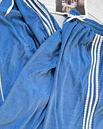 Жіночий стильний прогулянковий велюровий костюм-двійка Блакитний, 48/50 Одеса