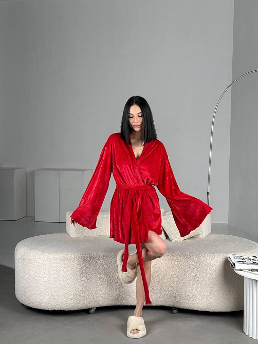 Женский домашний велюровый мини халат плюш велюр Красный, 48/52 Одесса - изображение 10
