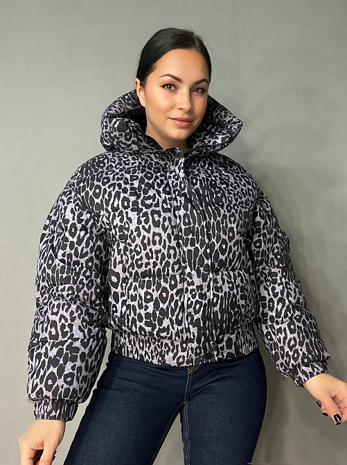 Куртка жіноча Lady Yep 9006 коротка з капюшоном леопардовий принт на резинці демісезонна сіра, сірий Одеса - фото 1