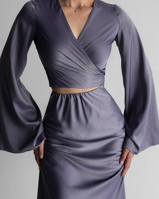 Жіночий елегантний романтичний костюм-двійка Шовк Армані люкс Графіт Одеса - фото 3