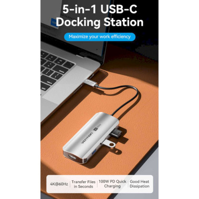 Концентратор Vention USB 3.1 Type-C to HDMI 4K60Hz/USB 3.0x3/PD 100W 5-in-1 (TQDHB) Винница - изображение 2