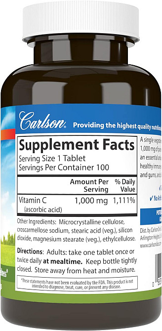 Вітамін C Carlson Vitamin C, 1,000 mg, 100 Vegetarian Tablets Луцьк - фото 2