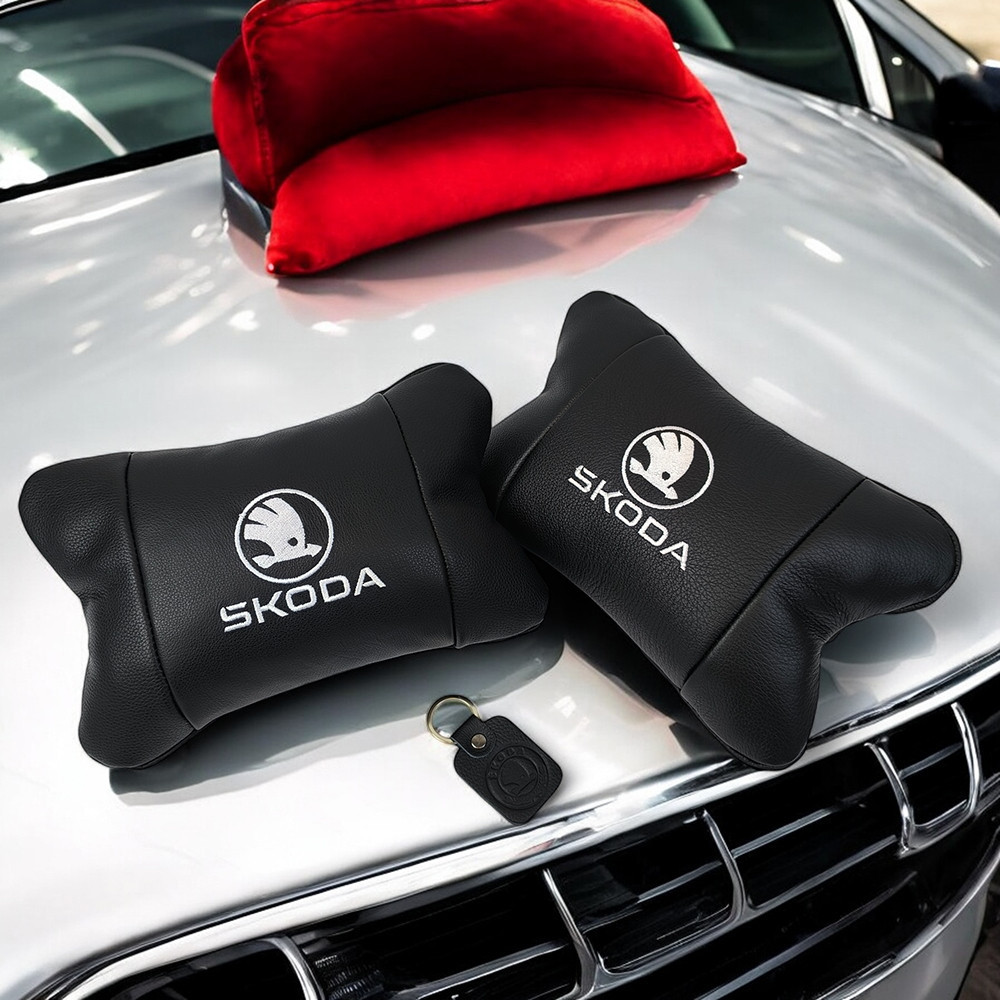 Набір автоподушок 2шт на підголівник Skoda / Шкода з натуральної шкіри чорні + брелок у подарунок Київ - фото 9