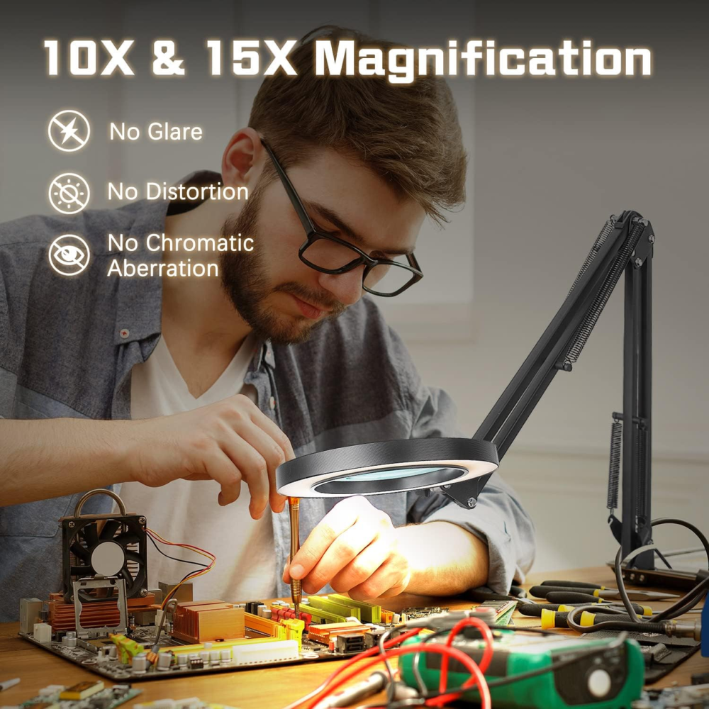 Настільна лампа-лупа 10×/15× з підсвічуванням, 72 LED, 3 кольори, 10 рівнів яскравості, скляна лінза 4,2", USB Київ - фото 3