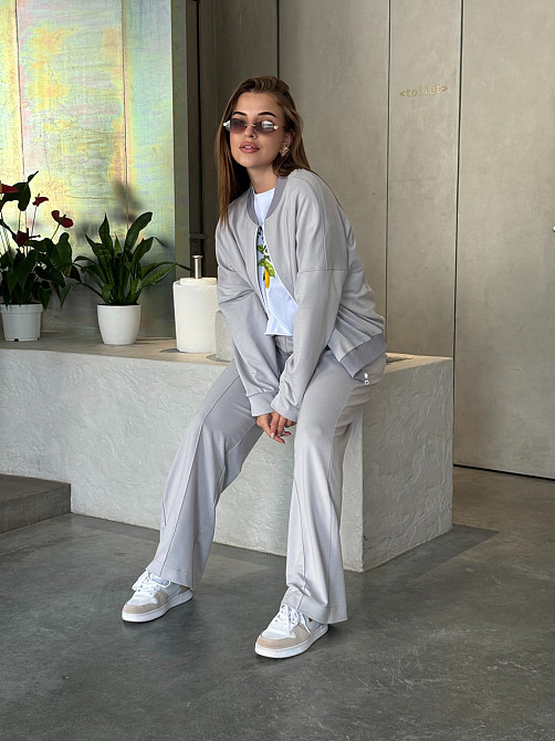 Женский костюм оверсайз с широкими брюками из двунитки Серый 54/56 Харьков - изображение 2