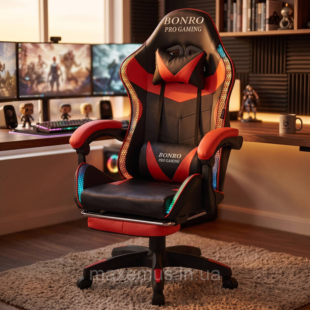 Игровое компьютерное кресло Bonro B-144 Красное с RGB-подсветкой, массажем и подножкой для геймеров Мостиська - фото 9