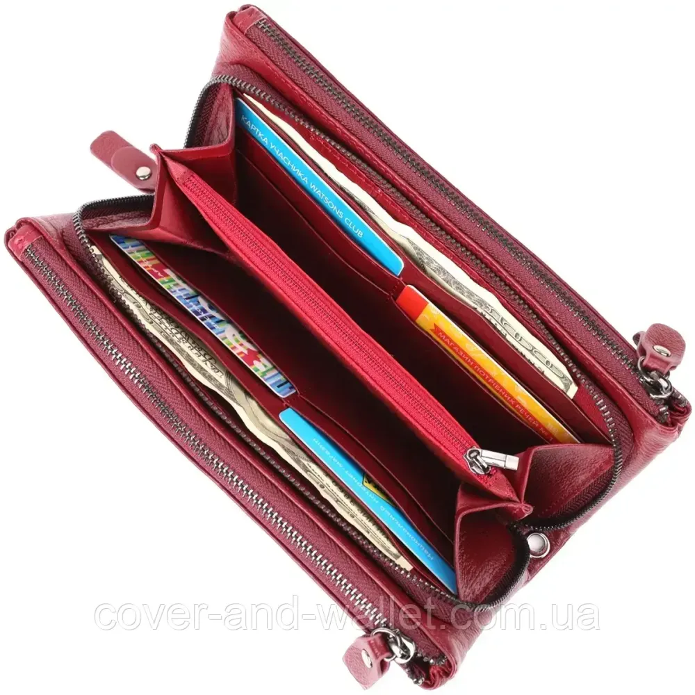 Бордовий жіночий шкіряний гаманець-клатч на три відділення з ремінцем на руку ST 022-1 Київ - фото 6