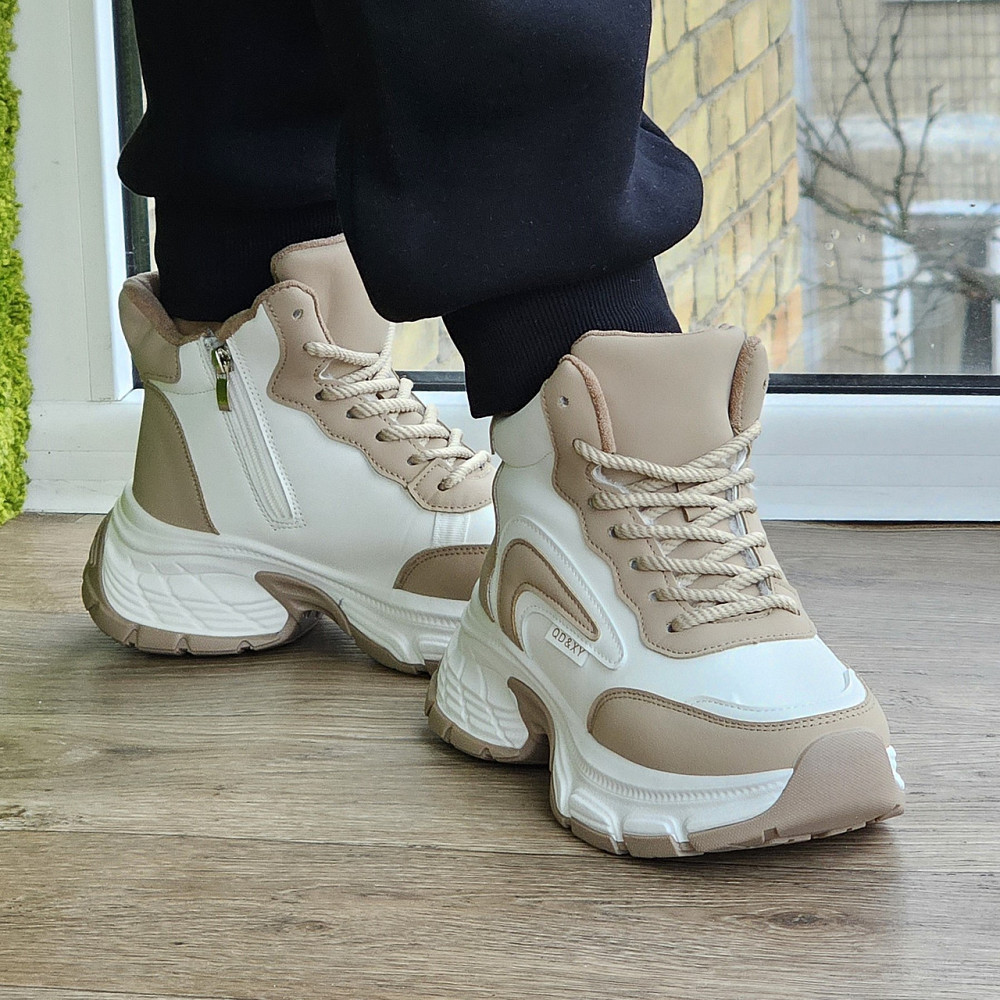 Жіночі зимові Бежеві Кросівки з МЕХОМ на Толстой Підошві Танкетке Черевики Шкіряні Білі (розміри: 36,37,38,39,40,41) — 9-2 Дніпро - фото 2