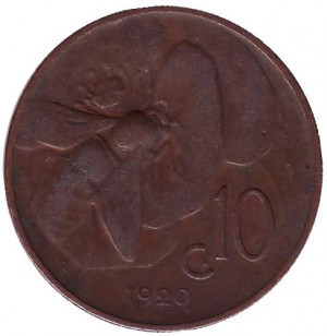 Пчела. Монета 10 чентезимо. 1920,22,24,25 год, Италия. Полтава - изображение 1