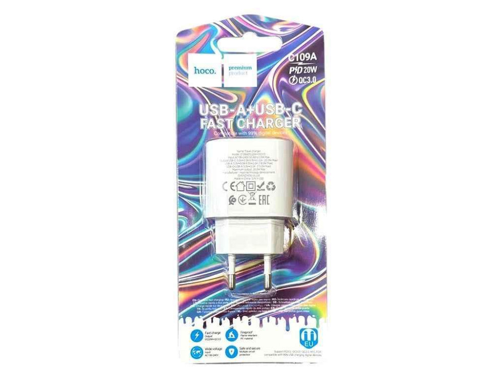 Мережевий зарядний пристрій USB C109A 3A/1USB/QC3.0/PD20W білий ТМ HOCO Київ - фото 1