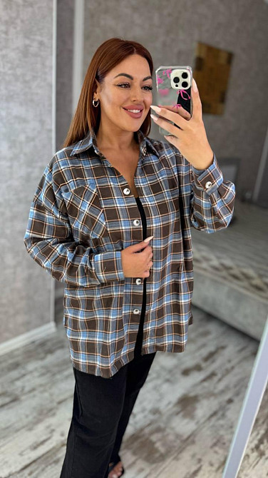Женская оверсайз рубашка в клетку турецкая фланель Шоколад, 42/48 Одесса - изображение 1