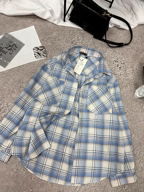 Женская повседневная оверсайз рубашка в клетку фланель 100% коттон Голубой, 48/52 Одесса - изображение 1