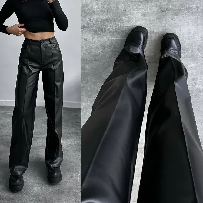 Прямые женские эко-кожаные брюки с флисом и стрелами Харьков - изображение 4