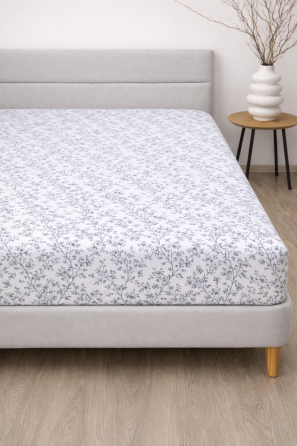 Простирадло на резинці Ecotton 140х200 см фланель бавовняне білого кольору з квітами Коломыя