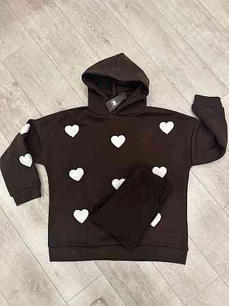 Жіночий теплий прогулянковий костюм двійка з сердечками трьохнитка на флісі + ангора рубчик. Шоколад, 46/48 Одеса