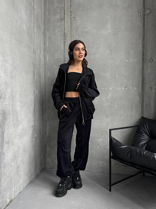 Жіночий прогулянковий костюм-двійка: кофта та штани з турецького велюру Чорний, 46/48 Одеса - фото 3