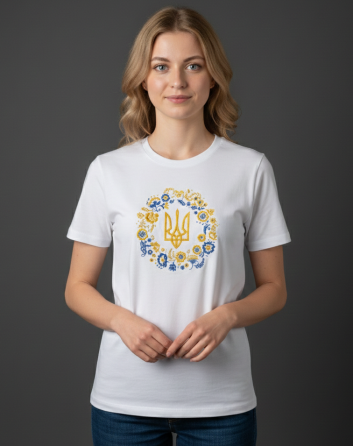 Женская Футболка белая женская вышитая гладью с большим трезубцем и голубовато-желтым веночком XL Киев