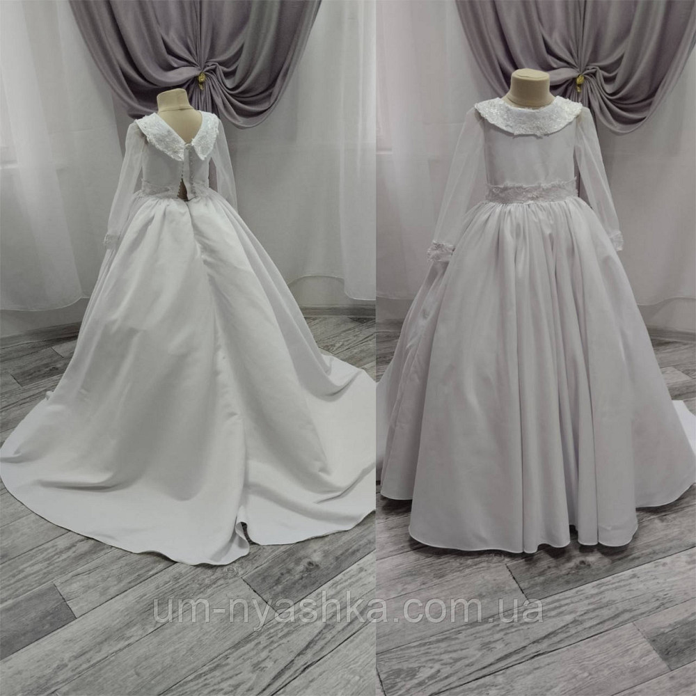 Длинное белое платье со шлейфом на рост 128-140 Кривой Рог - изображение 1
