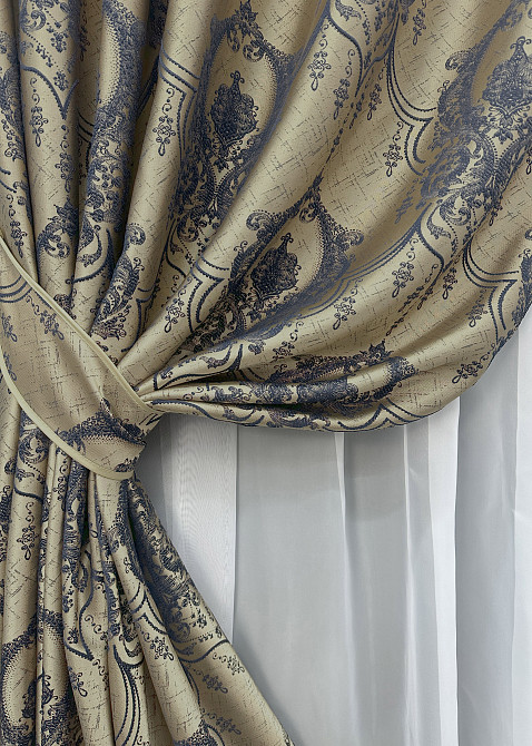 Комплект готовых штор VR-Textil Парча № 1776ш Бежевый с синим 155х290 см 2 шт (33-0737) Киев - изображение 5