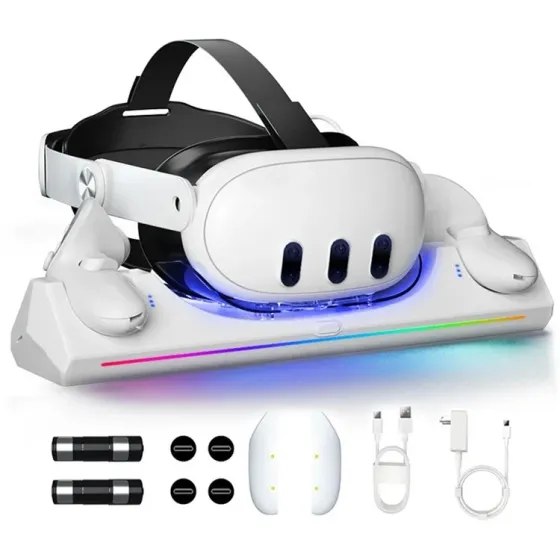 Магнітна зарядна док-станція для Meta Quest 3 / 3S: швидка зарядка 30W, RGB-підсвітка, 2 акумулятори по 1800 мАг, White Київ