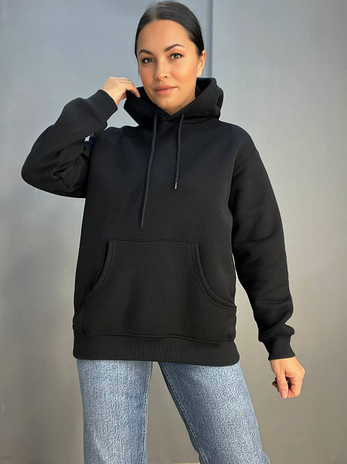 Худі жіноче Pepper&mint 23-01 OVER подовжений з капюшоном з кишенею утеплений фліс чорний, чорний, M Одеса - фото 1