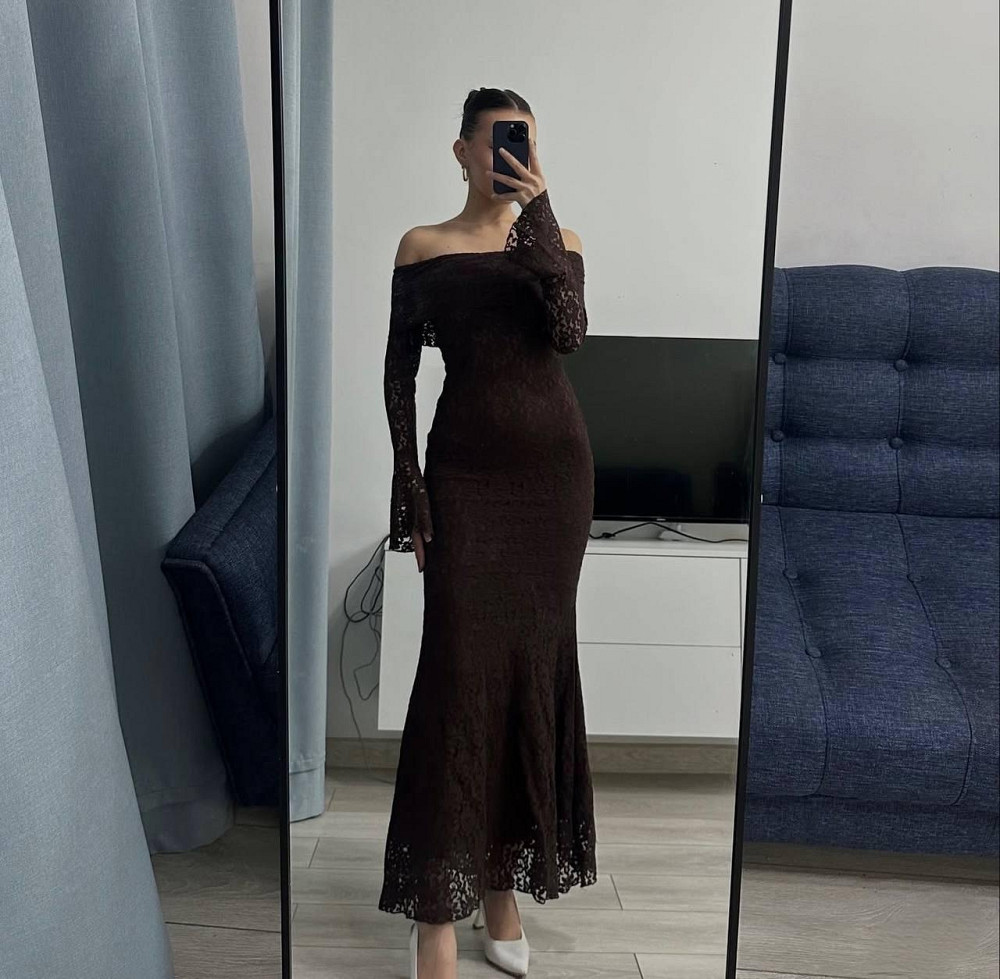 Женское романтическое кружевное платье со спущенными плечами гипюр + подкладка Коричневый, 46/48 Одесса - изображение 1
