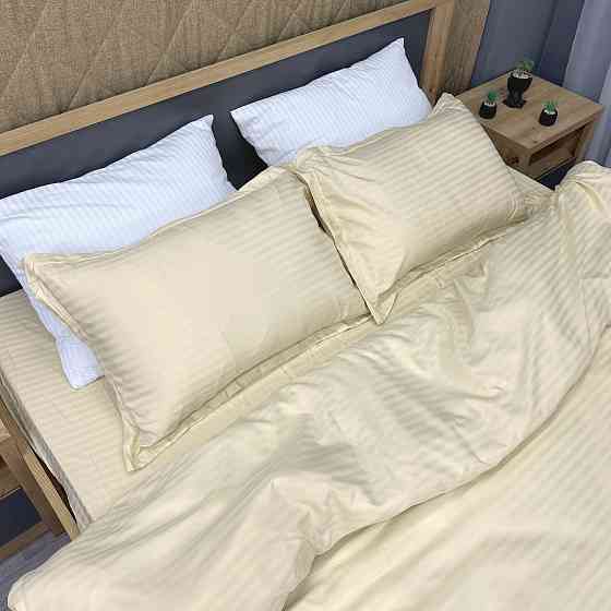 Комплект постільної білизни Страйп-сатин Двоспальний 180х220 з простирадлом на резинці Молочний (88-169) Київ