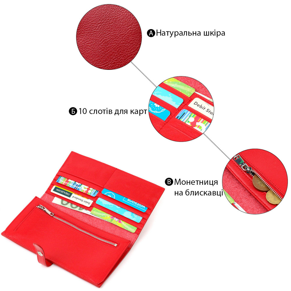 Вертикальне тонке портмоне для жінок із натуральної шкіри Червоний (Tony Bellucci) Київ - фото 8