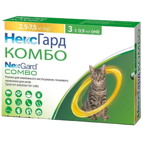 NexGard Combo (Нексгард Комбо) краплі від бліх, кліщів і гельмінтів для котів від 2.5 до 7.5 кг 3 шт. х 0.9 мл Запоріжжя