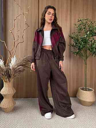 Женский стильный повседневный костюм двойка из замша на дайвинге Шоколад Одесса