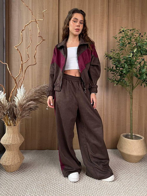 Женский стильный повседневный костюм двойка из замша на дайвинге Шоколад Одесса - изображение 1