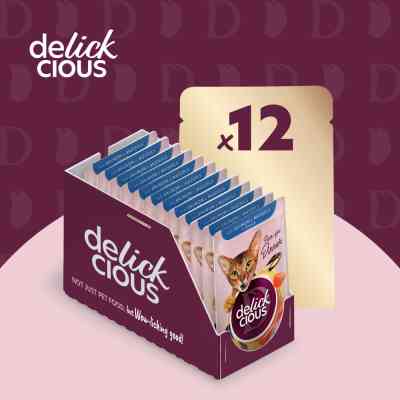 Влажный корм для кошек Delickcious Кусочки с лососем и мидиями в соусе 85 г (4820269143135) Винница