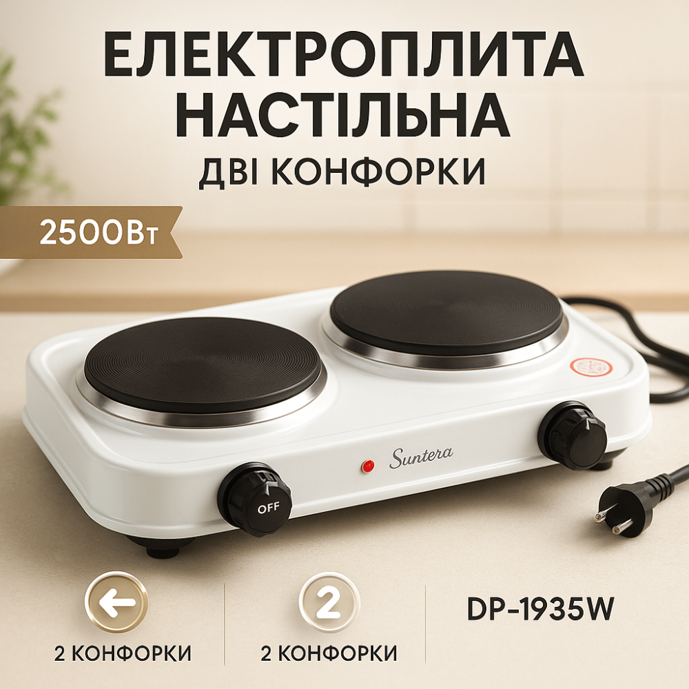 Варочная настольная плита Suntera DP-1935B 2500Вт, Плита для готовки блюд, Мини электроплита OB-16 Львов - изображение 5