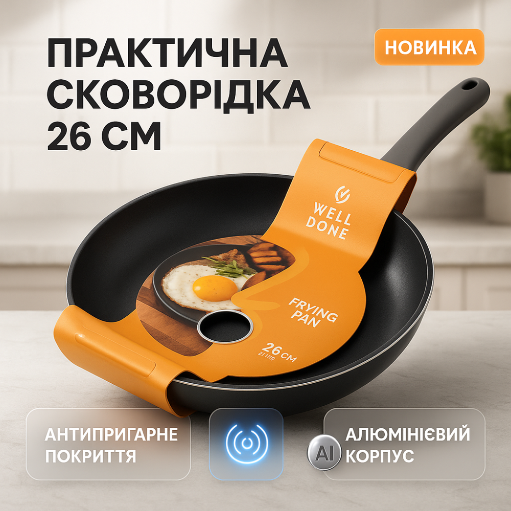 Зручна у використанні сковорода WELL DONE WD-1016B 26 см, Сковороди без масла, Сковорода для варіння LS-37 Львів - фото 17