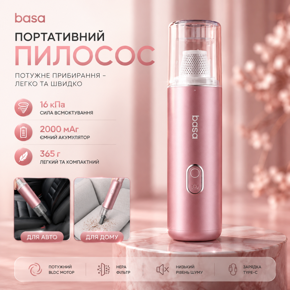 Уцінка: Бездротовий портативний пилосос BASA (16 кПа) — Потужний ручний акумуляторний помічник для авто та дому Київ - фото 8