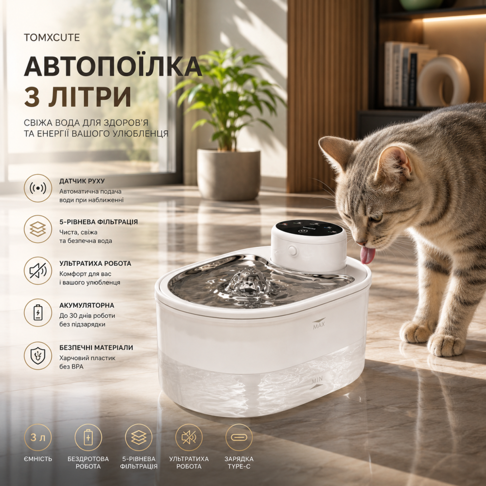 Уцінка Автопоїлка для котів і собак Tomxcute 3 л, бездротова, акумуляторна, з датчиком руху, 5-рівнева фільтрація, біла Київ - фото 8