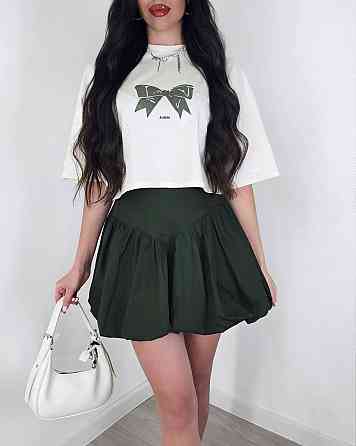 Женский летний романтичный костюм двойка: футболка и юбка турецкий кулир + коттон Хаки, 46/48 Одесса