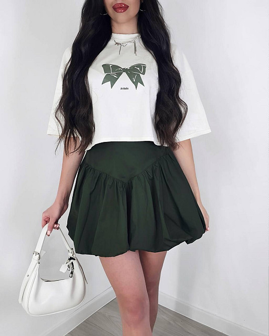 Женский летний романтичный костюм двойка: футболка и юбка турецкий кулир + коттон Хаки, 46/48 Одесса - изображение 1