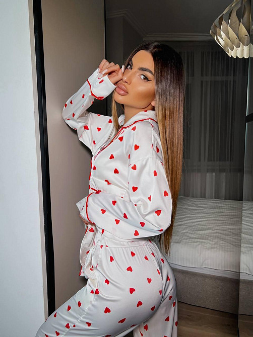 Женская пижама двойка с сердечками из шелка армани Белый, 44/46 Одесса - изображение 7